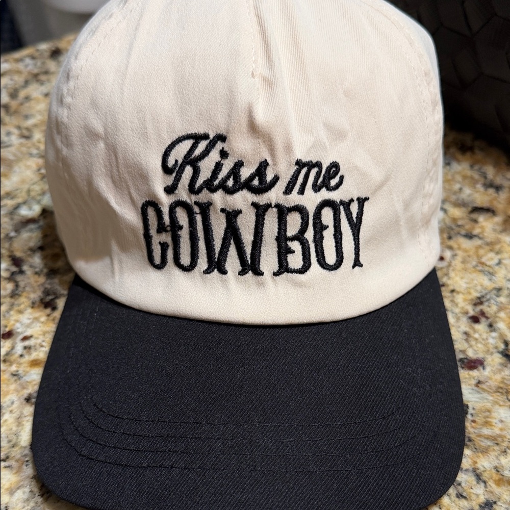Two-Tone Baseball Cap - Cream & Black with Embroidered Script- kiss me cowboy 🤠